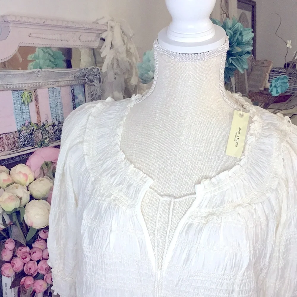 NWT✨ Max Studio London Puff Sleeve Tie Neck Gathered Elegant Cream Blouse Sm! - Picture 3 of 10